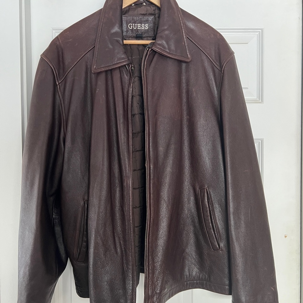 GUESS Brown Leather Jacket | Men’s XL | Classic Zip Front